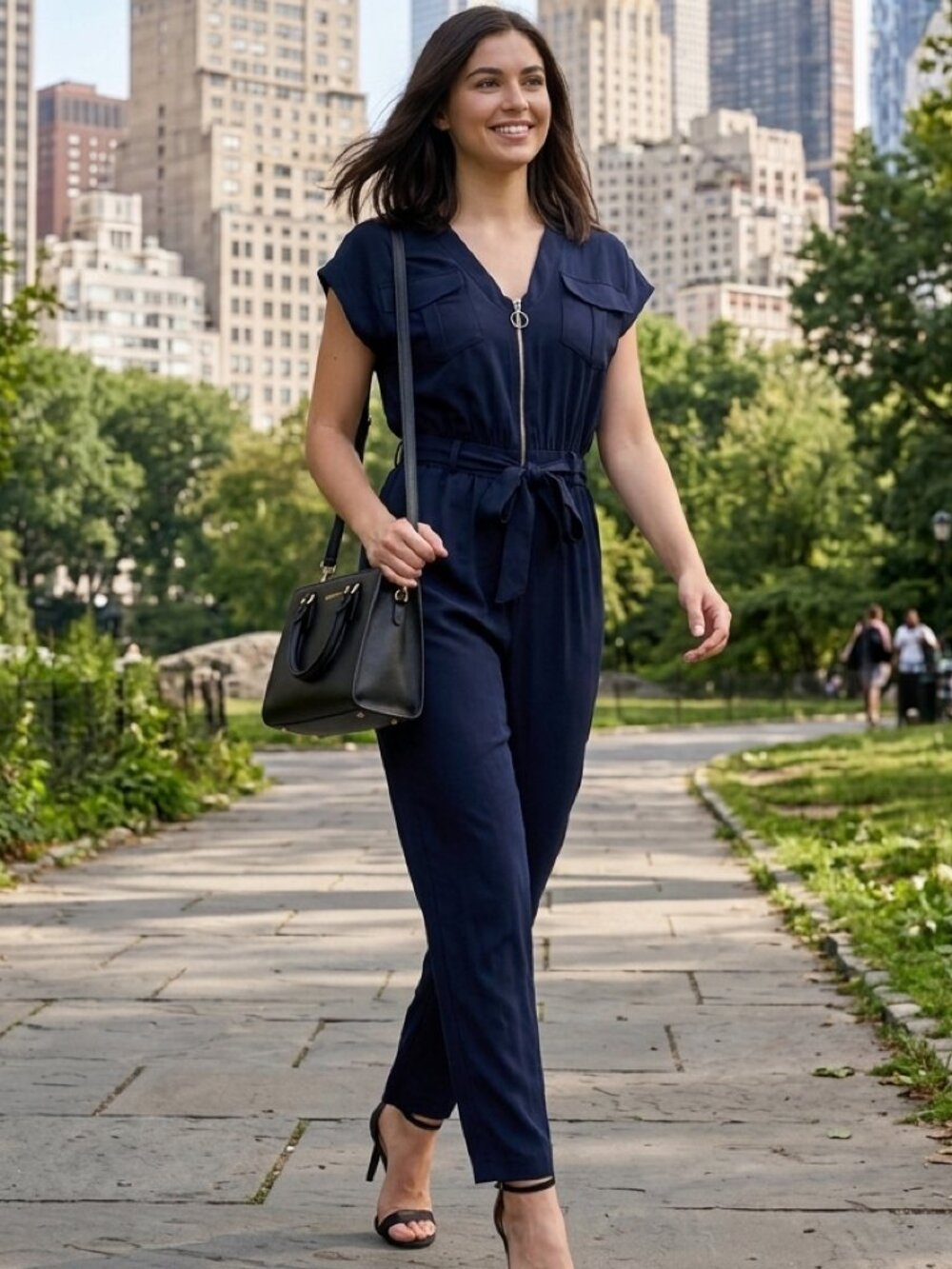 New York & Company Chic Front Zip Dark Navy Blue Belted Sleeveless Jumpsuit Med